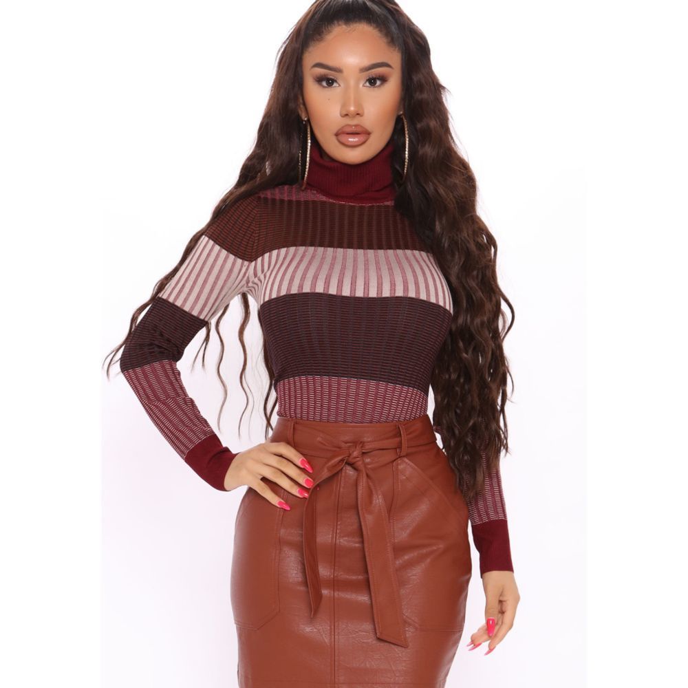 Fashion Nova Kyra Turtleneck Ribbed Sweater in Burgundy Size Medium